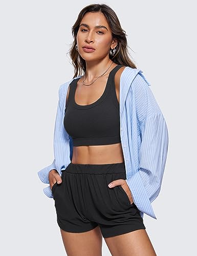 Ribbed Sports Bras for Women - U Back Wireless Medium Impact Padded Yoga Workout Cami