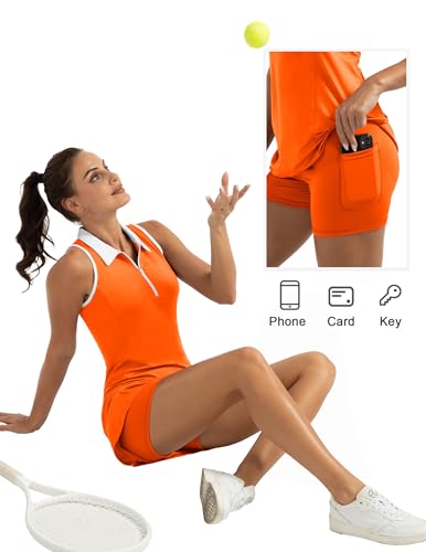 Women's Golf Tennis Dress Sport Activewear Zipper V-Neck with Shorts and Pocket Workout Athletic