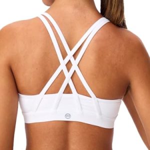 Women's Strappy Sports Bras Light Compression Crop Criss Cross Back Padded Workout Yoga Bra Supportive U Neckline