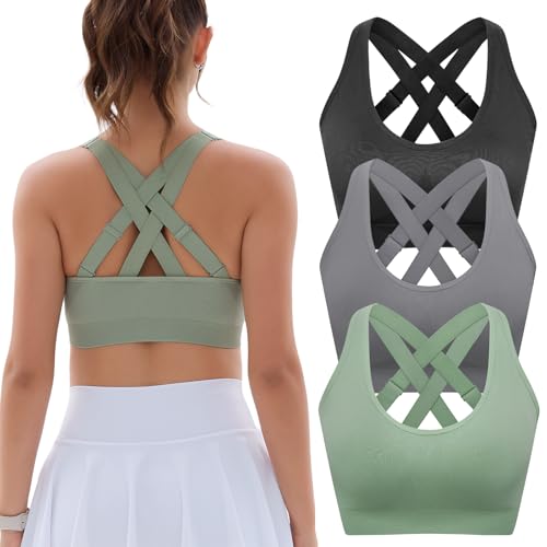 Padded Sports Bras for Women: Support Strappy Adjustable Straps Cross Back Sport Bra Pack for Workout Yoga Running Gym