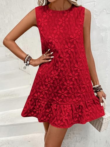 Women's Ruffle Hem Sleeveless Tank Dress Round Neck Casual Jacquard Hem Smock Summer Mini Dresses