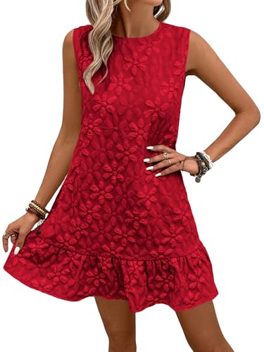 Women's Ruffle Hem Sleeveless Tank Dress Round Neck Casual Jacquard Hem Smock Summer Mini Dresses