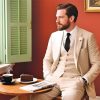 Men's Linen Suit 2 Piece Slim Fit Summer Beach Wedding Dress Tux Prom Suit Blazer Jacket and Pants