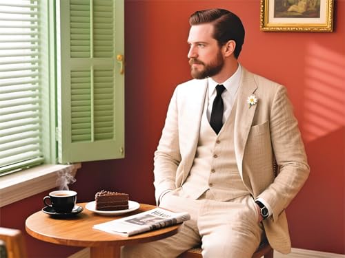 Men's Linen Suit 2 Piece Slim Fit Summer Beach Wedding Dress Tux Prom Suit Blazer Jacket and Pants