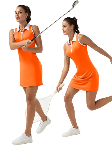 Women's Golf Tennis Dress Sport Activewear Zipper V-Neck with Shorts and Pocket Workout Athletic