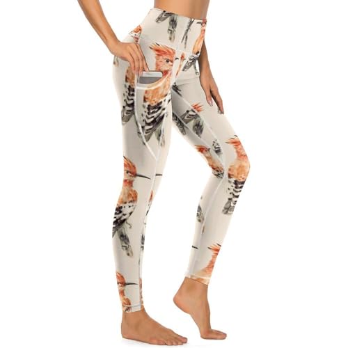 Hoopoe Bird Watercolor Women's Yoga Pants Stretch Leggings with Pockets High Waist for Workout