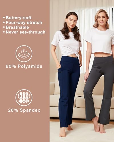 Bootcut Yoga Pants with Pockets for Women 30" Wide Leg Pants High Waist Tummy Control Workout Yoga Pants