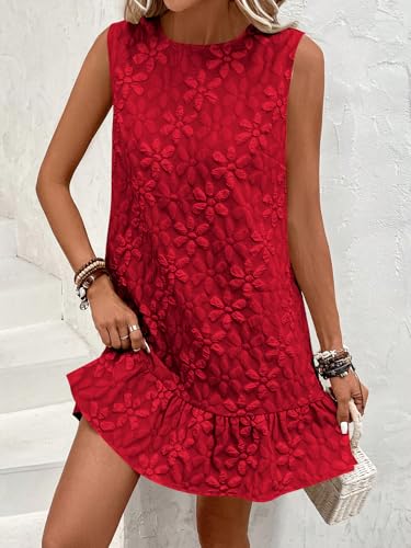 Women's Ruffle Hem Sleeveless Tank Dress Round Neck Casual Jacquard Hem Smock Summer Mini Dresses
