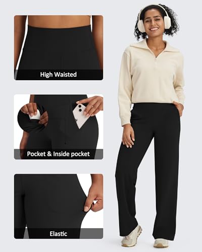 BareFeel High Stretch Yoga Pants Women Soft High Waisted Casual Wide Leg Pants with Pockets 27"/29"/31"/33"/35"