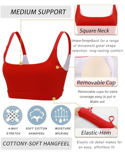 Sports Bras for Women,Square Neck Sports Bra Medium Support Yoga Bra Workout Crop Top with Removable Cups