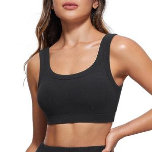 Ribbed Sports Bras for Women - U Back Wireless Medium Impact Padded Yoga Workout Cami