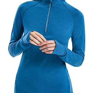 Womens 100% Merino Wool Base Layer Top 220 Midweight Zip Neck Tops for Ski