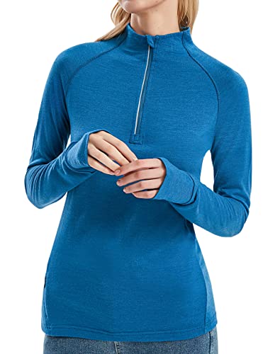 Womens 100% Merino Wool Base Layer Top 220 Midweight Zip Neck Tops for Ski