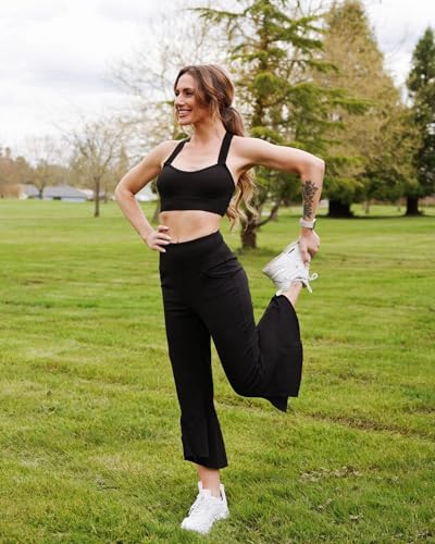 Capri Pants for Women Stretch Yoga Dress Pants with Pockets Ruffle Bell Bottom Athletic Work Leggings