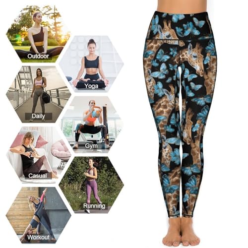 Giraffes and Butterfly Women's Yoga Pants Stretch Leggings with Pockets High Waist for Workout