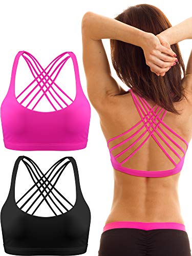 2 Pack Strappy Sports Bra for Women, Workout Padded Tank Top Sexy Cross Back Racer Back Seamless Comfortable Yoga Bra