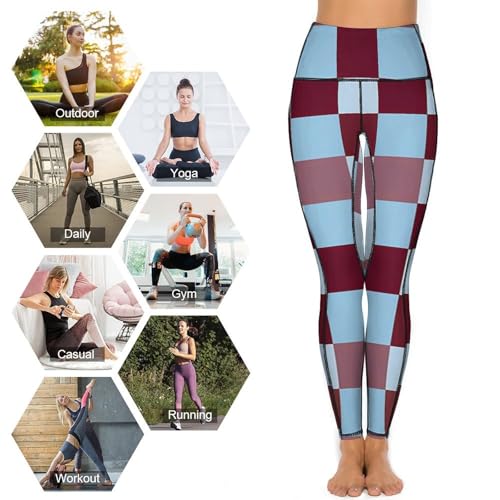 51JOpgtbqDL.jpg Brown and Blue Checkered Women's Yoga Pants Stretch Leggings with Pockets High Waist for Workout