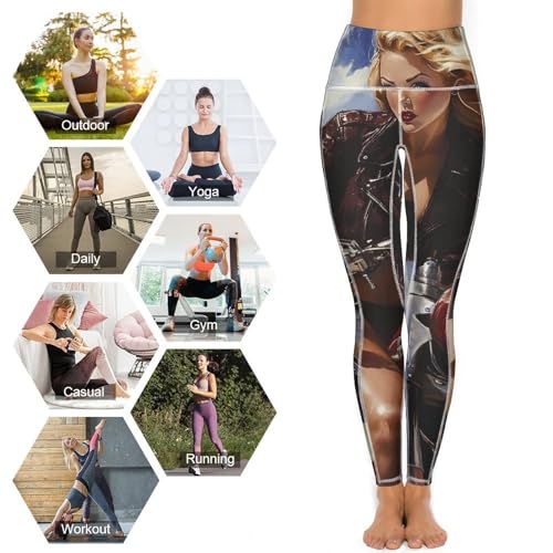 Pin Up Woman on Motorcycle Women's Yoga Pants Stretch Leggings with Pockets High Waist for Workout