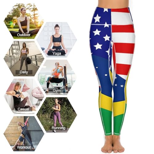 Brazil US Flag Women's Yoga Pants Stretch Leggings with Pockets High Waist for Workout